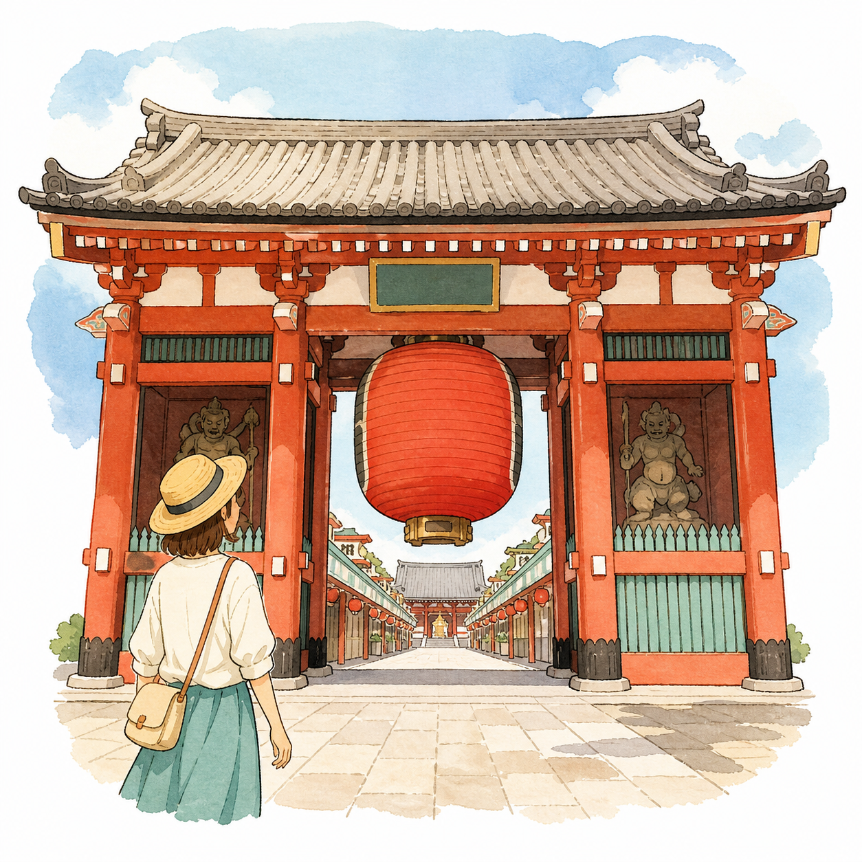 从雷门前往仲见世和浅草寺的手绘示意图