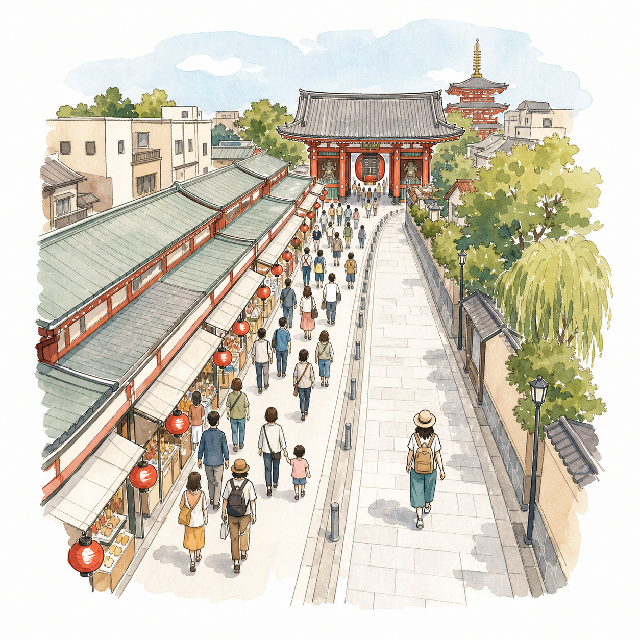 仲见世主街与平行道路的人流差异手绘示意图