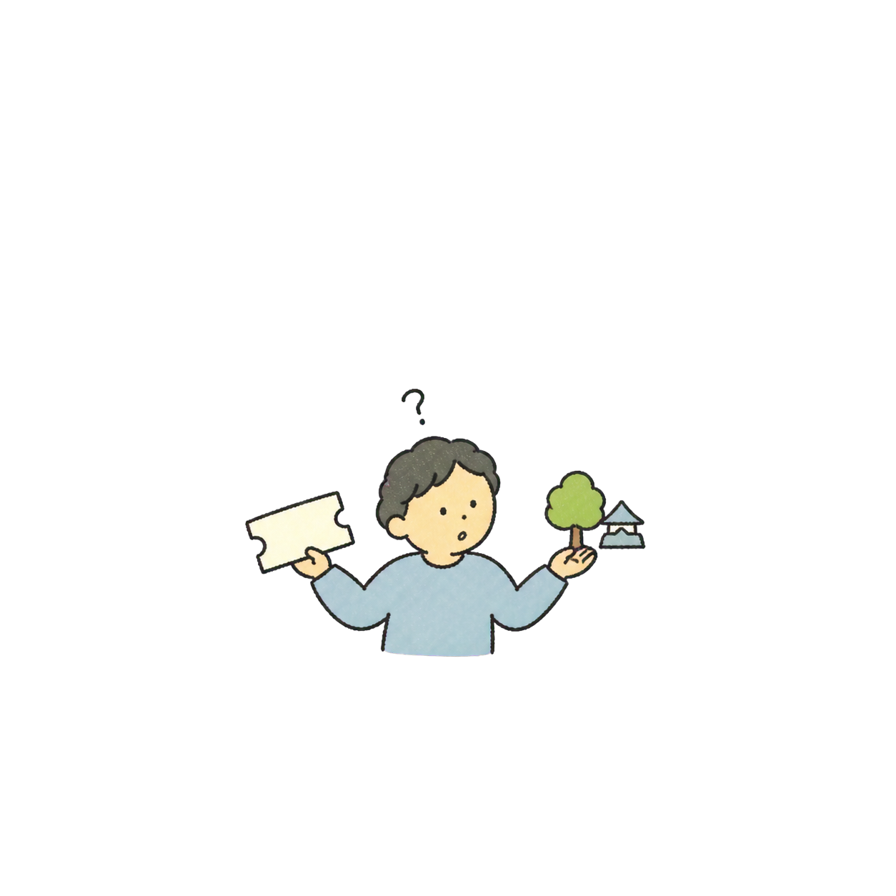 旅行者比较公园散步与购买天守阁门票的手绘小插画