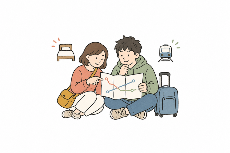 两名旅行者带着行李比较大阪住宿区域的手绘小插画