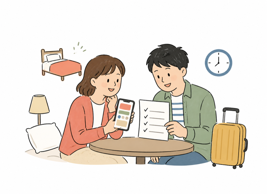 两名旅行者比较订房条件和检查清单的手绘小插画