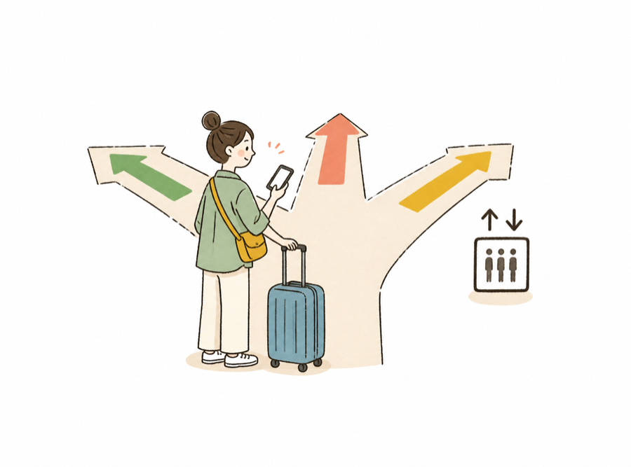 旅行者带着行李确认车站出口的手绘小插画