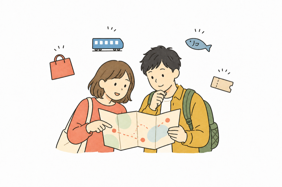 两名旅行者查看地图并挑选大阪景点的手绘小插画