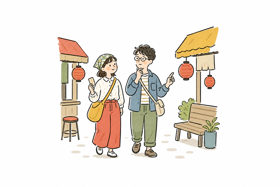 两名旅行者在复古街区讨论行程的手绘小插画