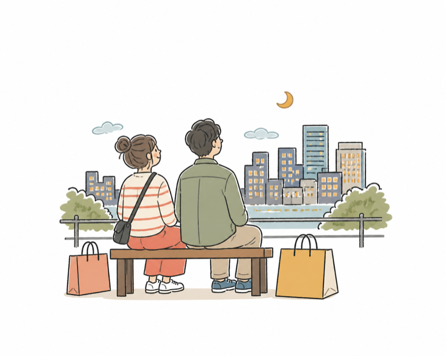 两名旅行者购物后欣赏城市夜景的手绘小插画